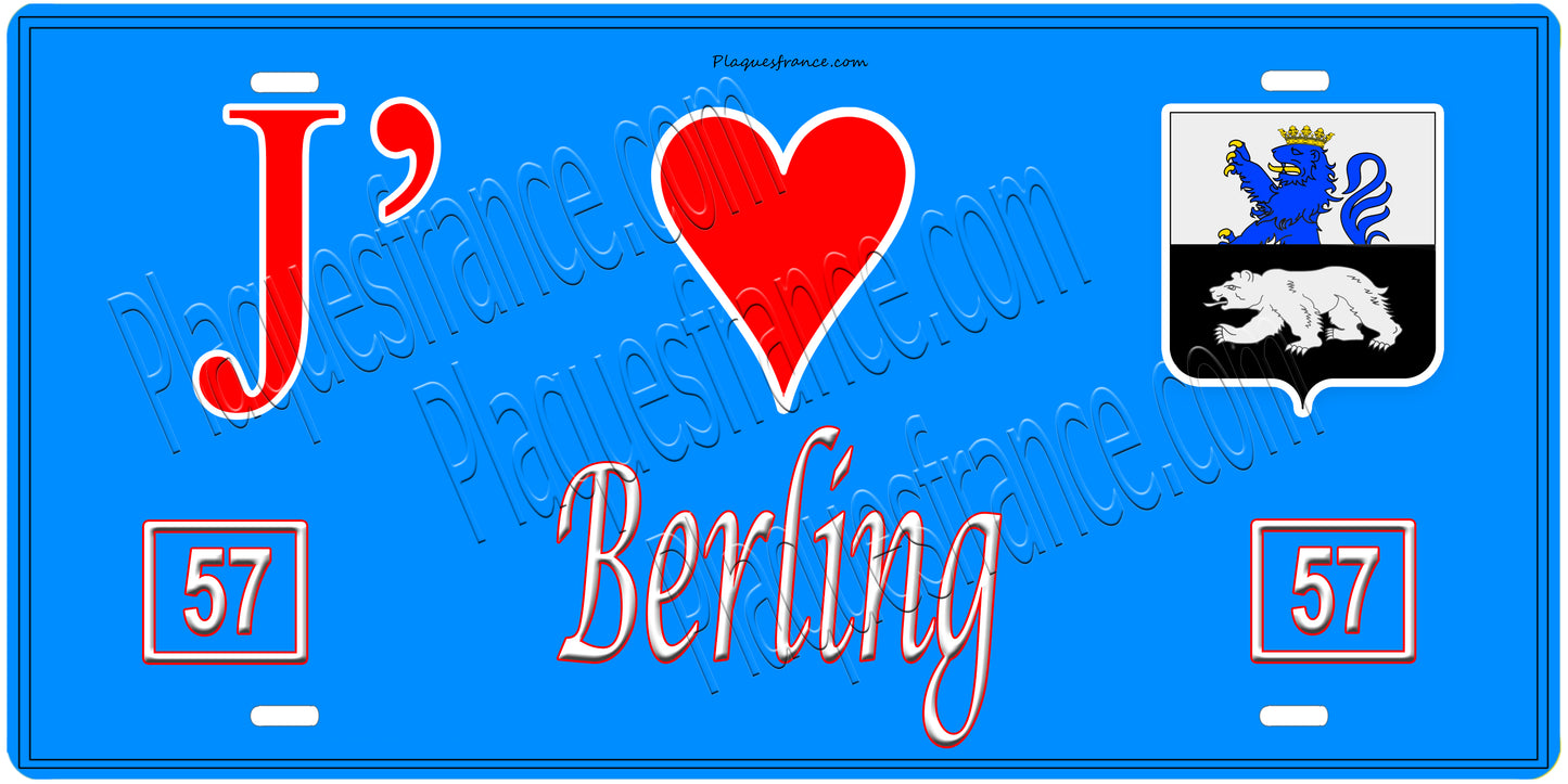 Plaque métal décorative, J'❤️Berling, Moselle, fond mur bleu 57
