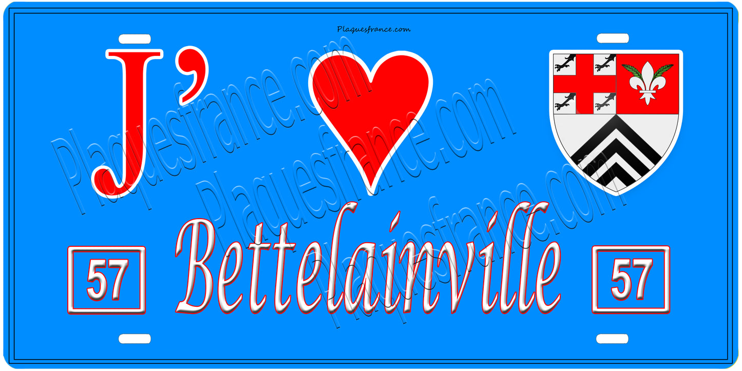 Plaque métal décorative, J'❤️Bettelainville, Moselle, fond mur bleu 57
