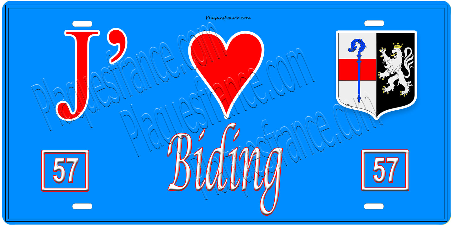 Plaque métal décorative, J'❤️Biding, Moselle, fond mur bleu 57