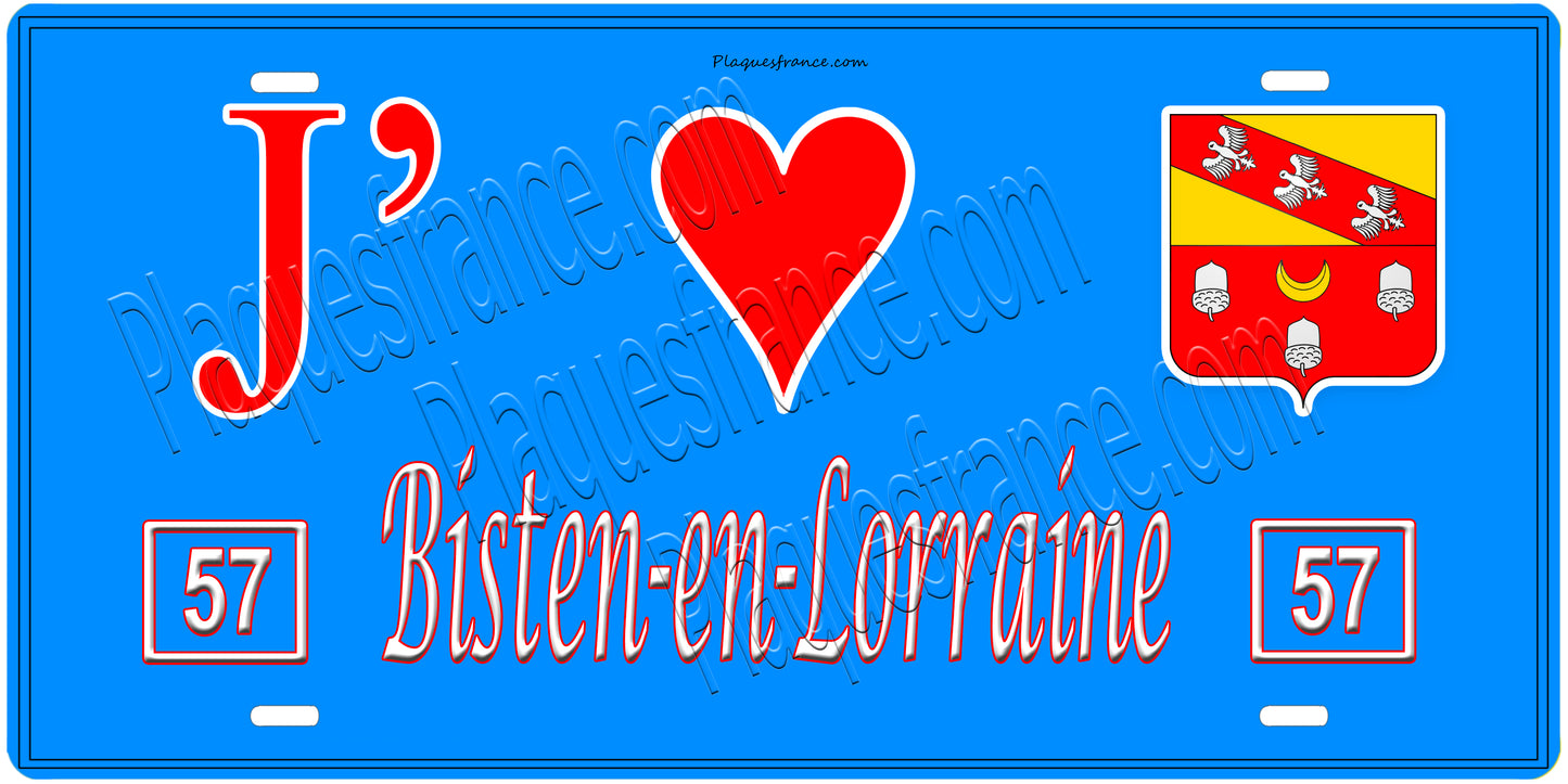 Plaque métal décorative, J'❤️ Bisten-en-Lorraine, Moselle, fond mur bleu 57