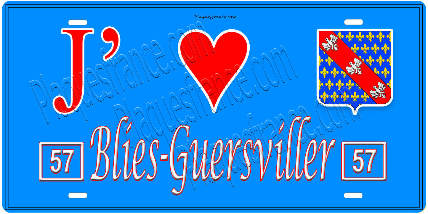 Plaque métal décorative, J'❤️Blies-Guersviller, Moselle, fond mur bleu 57