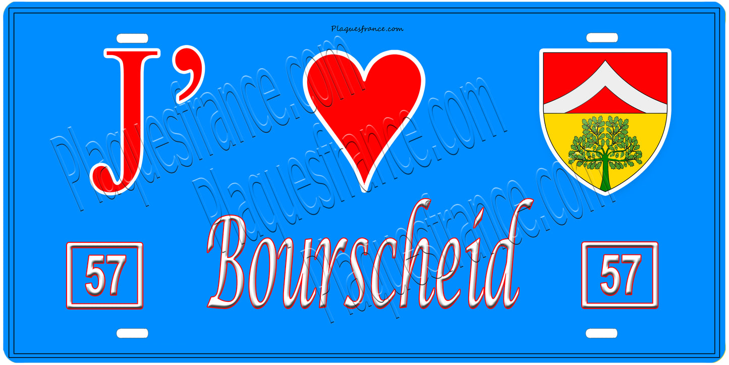 Plaque métal décorative, J'❤️Bourscheid, Moselle, fond mur bleu 57