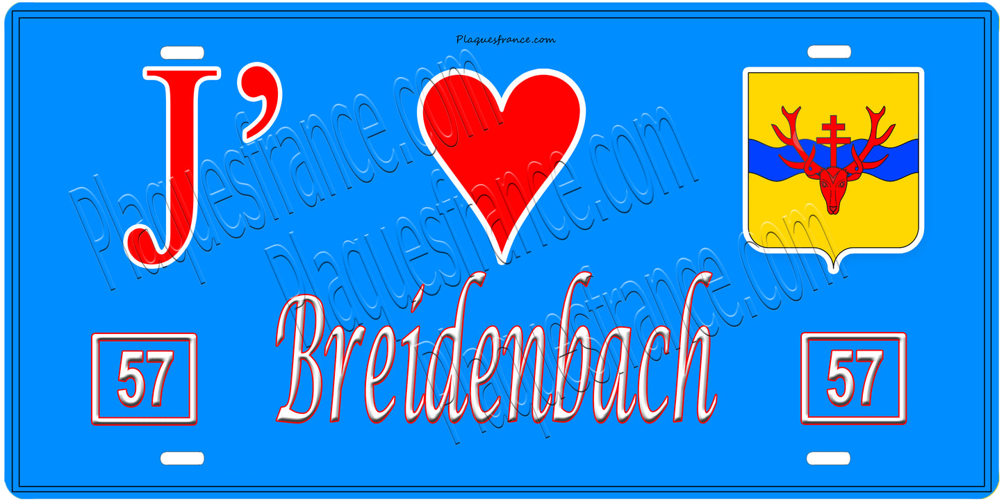 Plaque métal décorative, J' ❤️Breidenbach, Moselle, fond mur bleu 57