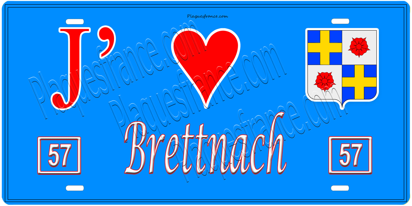 Plaque métal décorative, J'❤️ Brettnach, Moselle, fond mur bleu 57