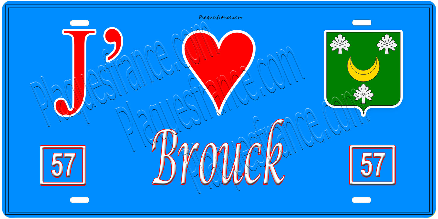 Plaque métal décorative, J'❤️ Brouck, Moselle, fond mur bleu 57