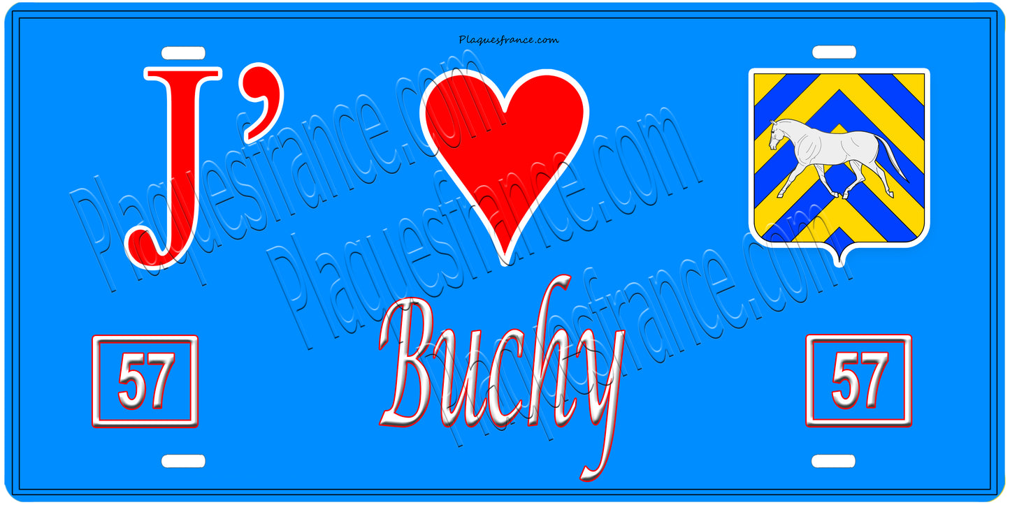 Plaque métal décorative, J'❤️Buchy, Moselle, fond mur bleu 57