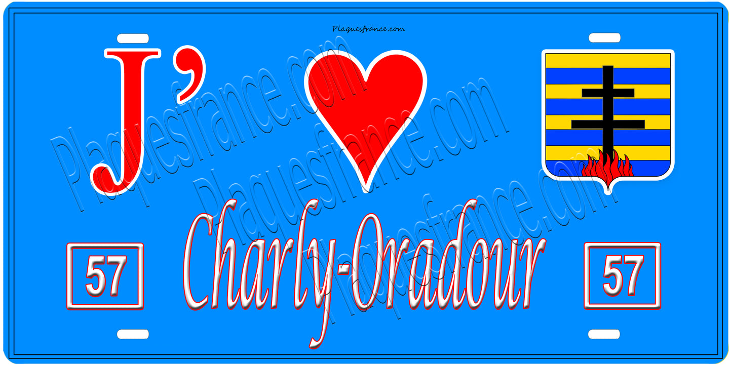 Plaque métal décorative, J'❤️Charly-Oradour, Moselle, fond mur bleu 57