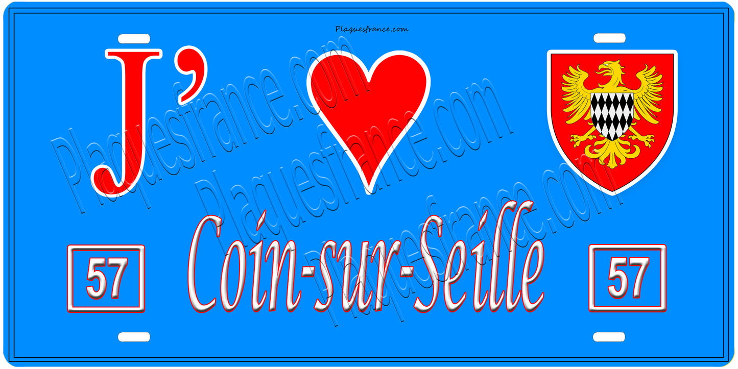 Plaque métal décorative, J'❤️ Coin-sur-Seille, Moselle, fond mur bleu 57