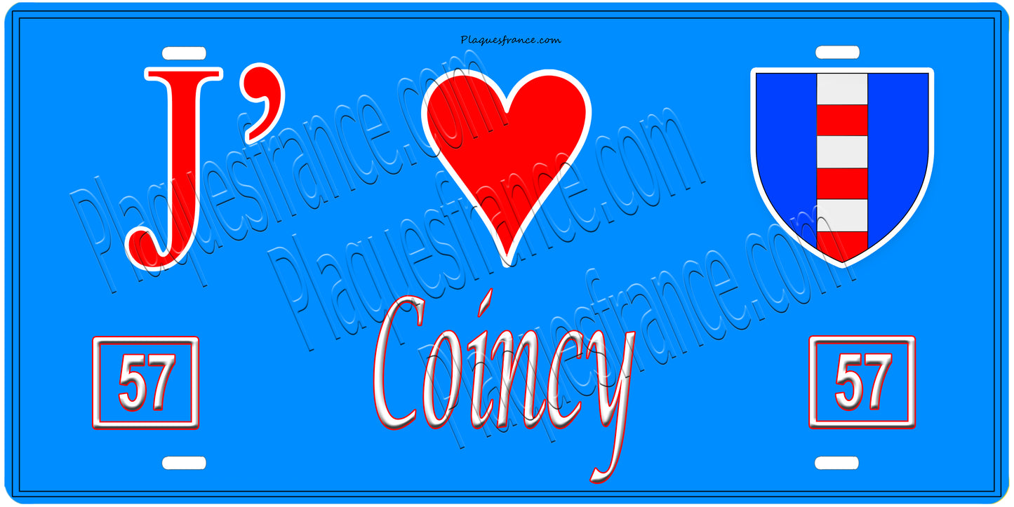 Plaque métal décorative, J'❤️Coincy, Moselle, fond mur bleu 57