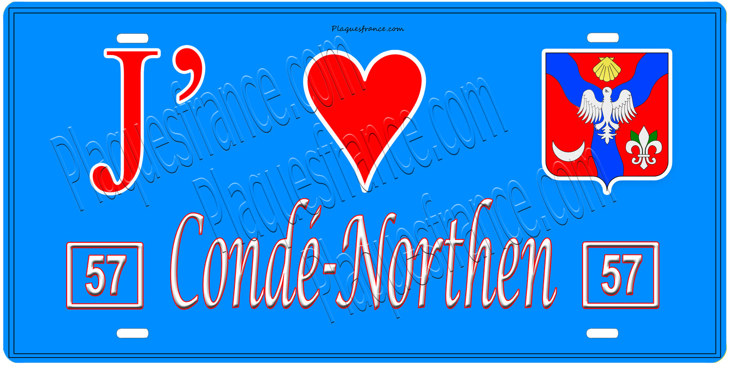 Plaque métal décorative, J'❤️ Condé-Northen, Moselle, fond mur bleu 57