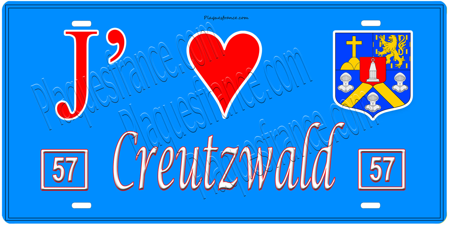 Plaque métal décorative, J'❤️ Creutzwald, Moselle, fond mur bleu 57