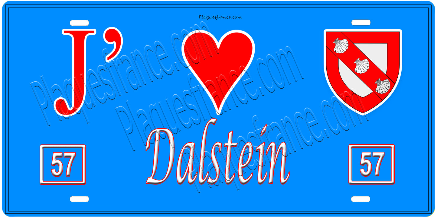 Plaque métal décorative, J'❤️ Dalstein, Moselle, fond mur bleu 57