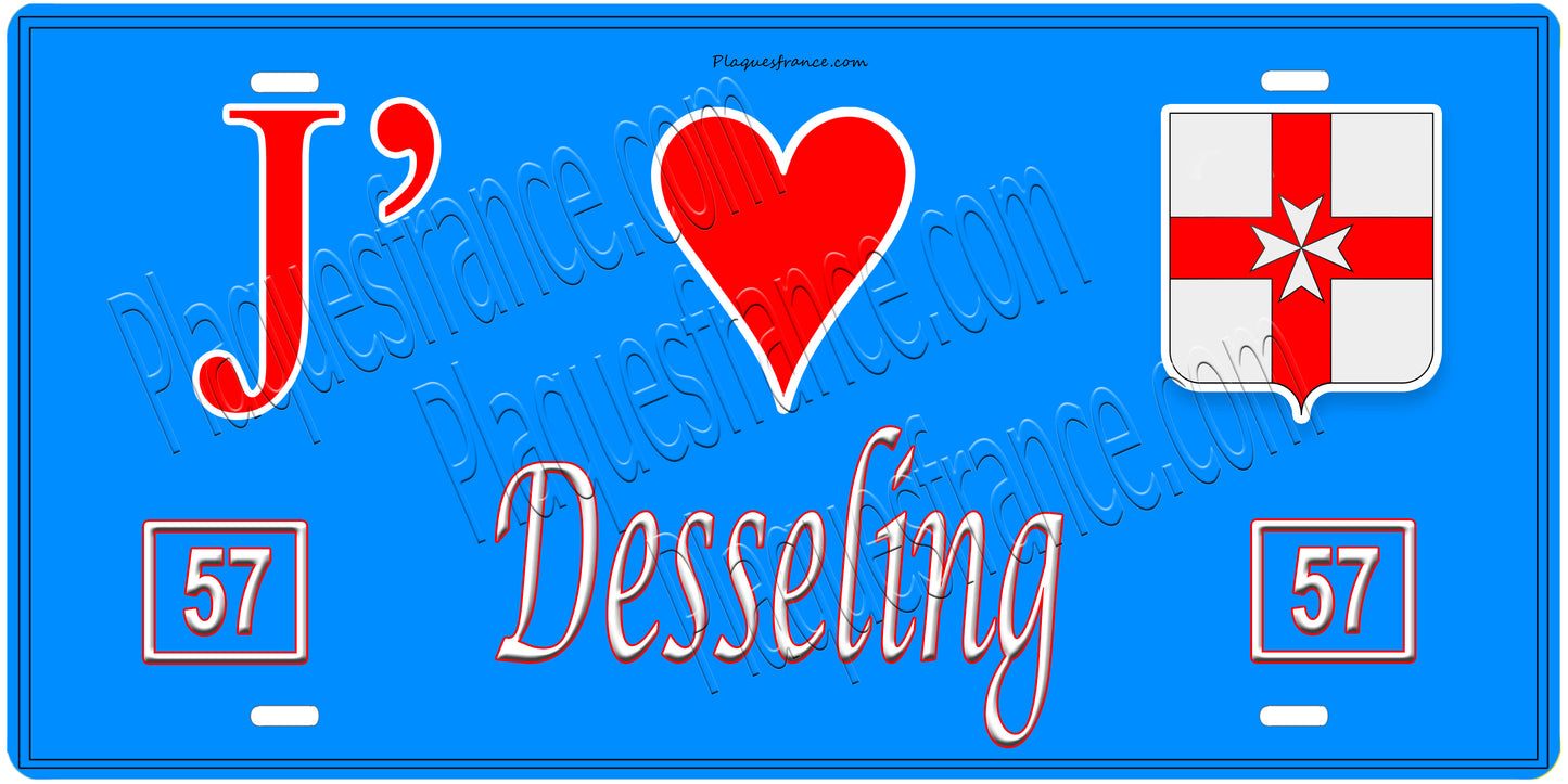 Plaque métal décorative, J'❤️Desseling, Moselle, fond mur bleu 57