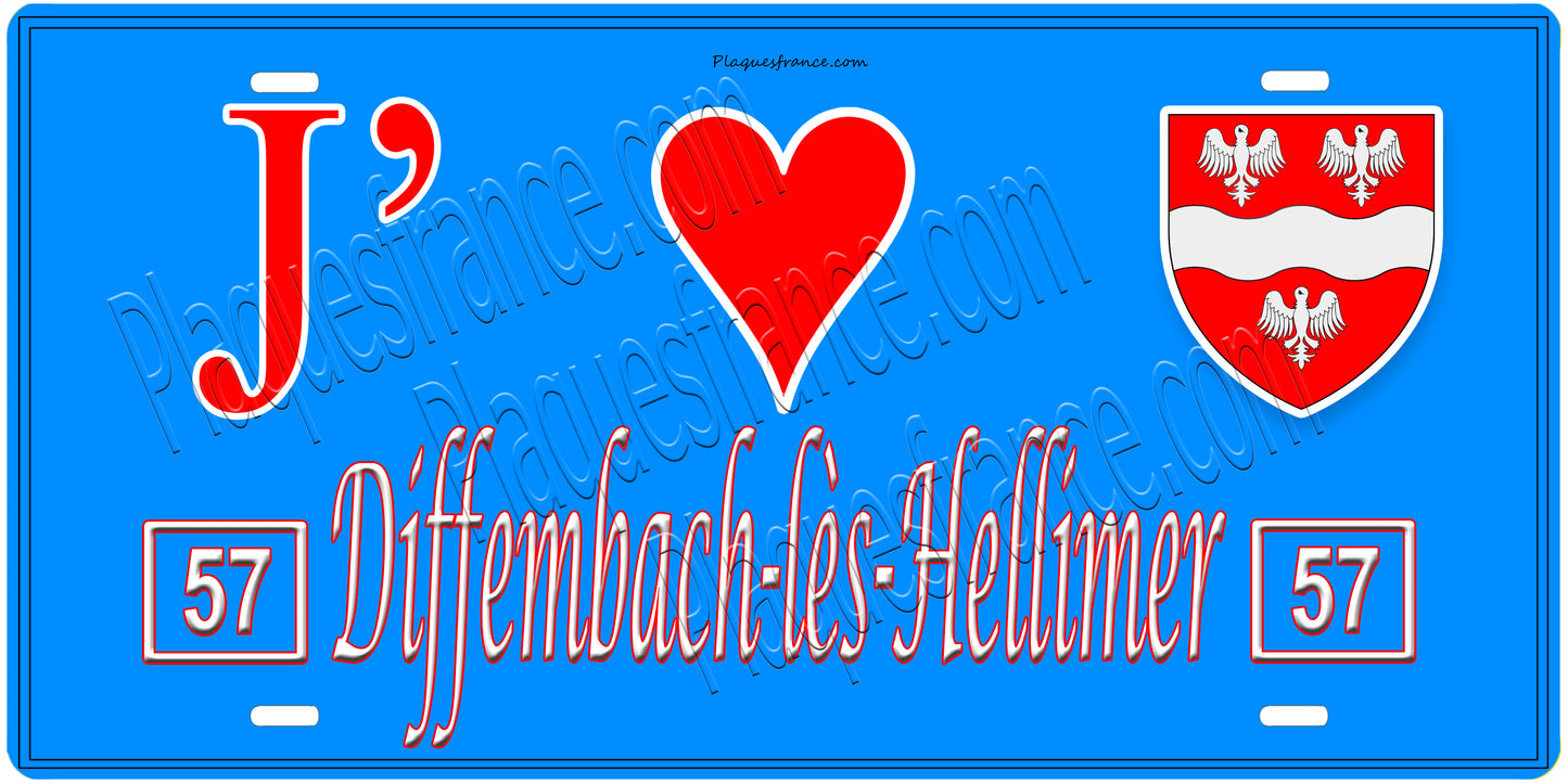 Plaque métal décorative, J'❤️Diffembach-lès-Hellimer, Moselle, fond mur bleu 57