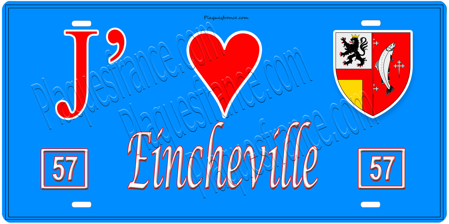 Plaque métal décorative, J'❤️Eincheville, Moselle, fond mur bleu 57