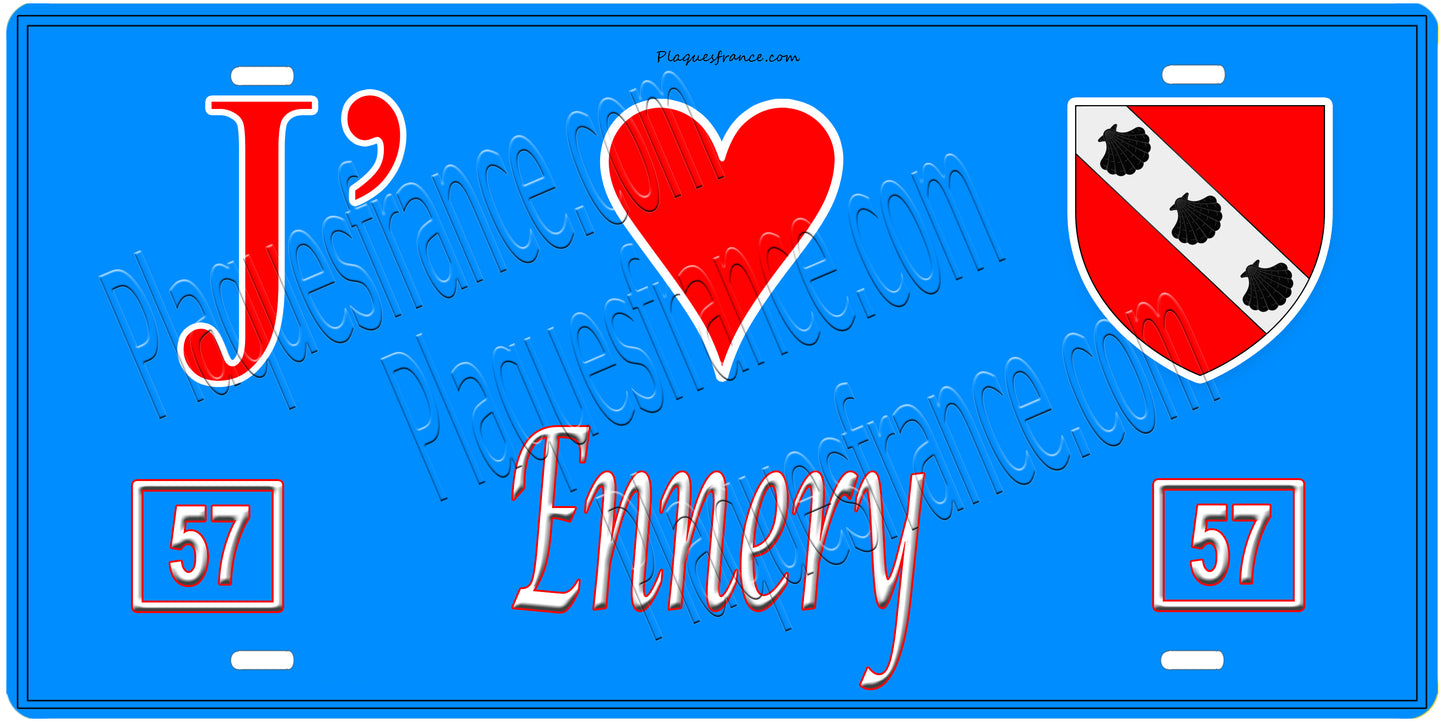Plaque métal décorative, J'❤️Ennery , Moselle, fond mur bleu 57