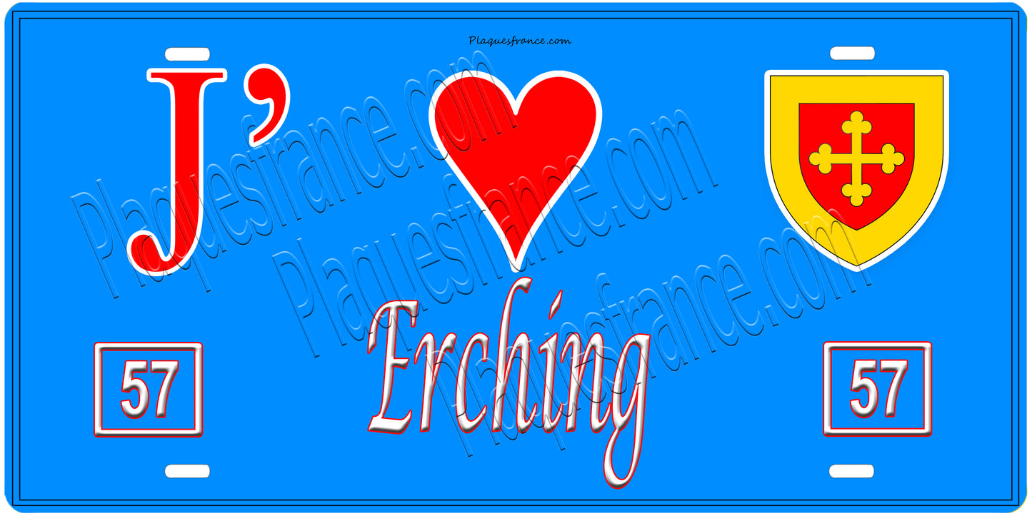 Plaque métal décorative, J' ❤️Erching, Moselle, fond mur bleu 57