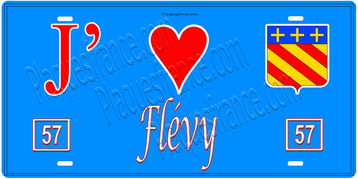 Plaque métal décorative, J'❤️Flévy, Moselle, fond mur bleu 57