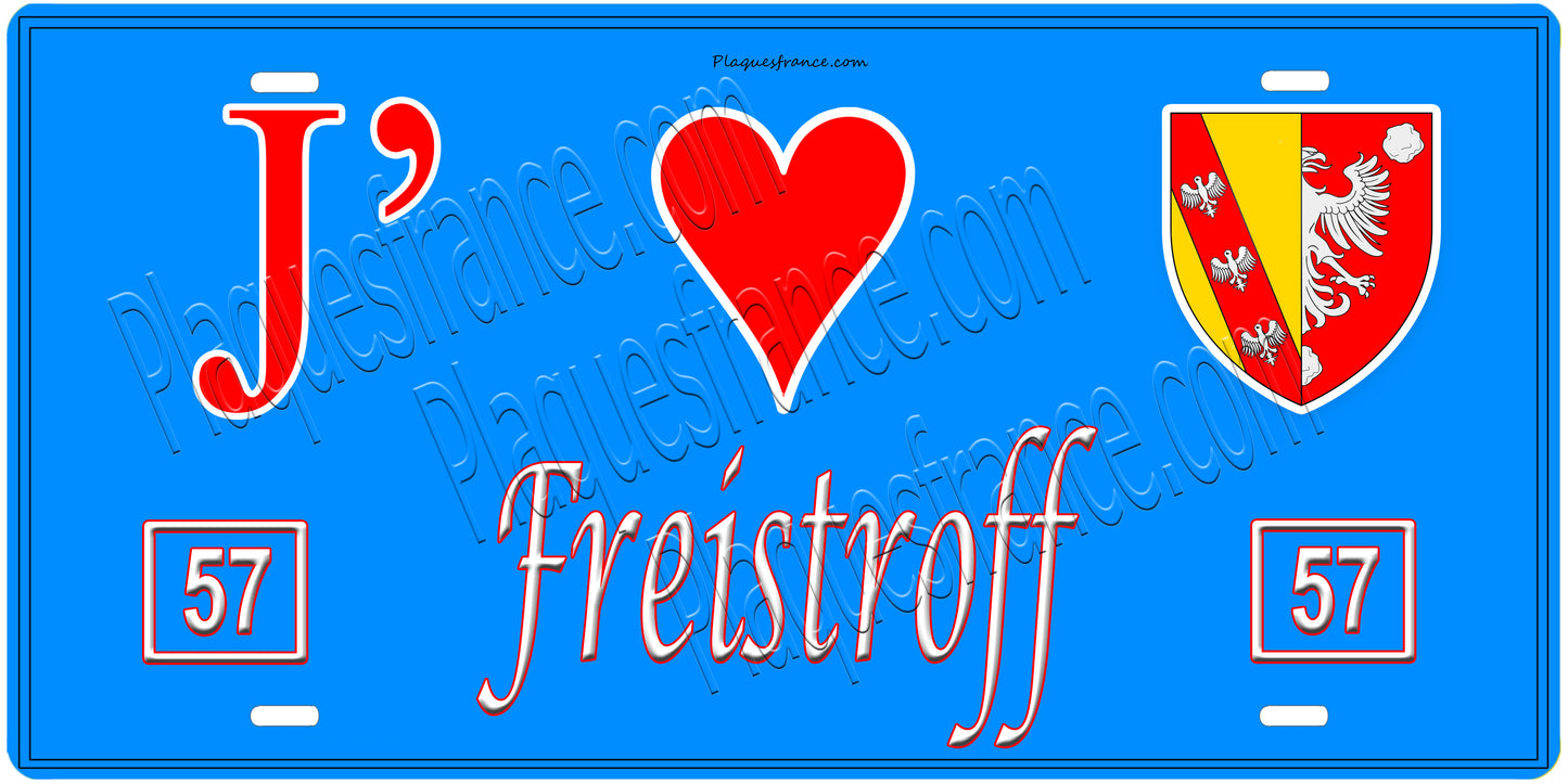 Plaque métal décorative, J'❤️ Freistroff, Moselle, fond mur bleu 57