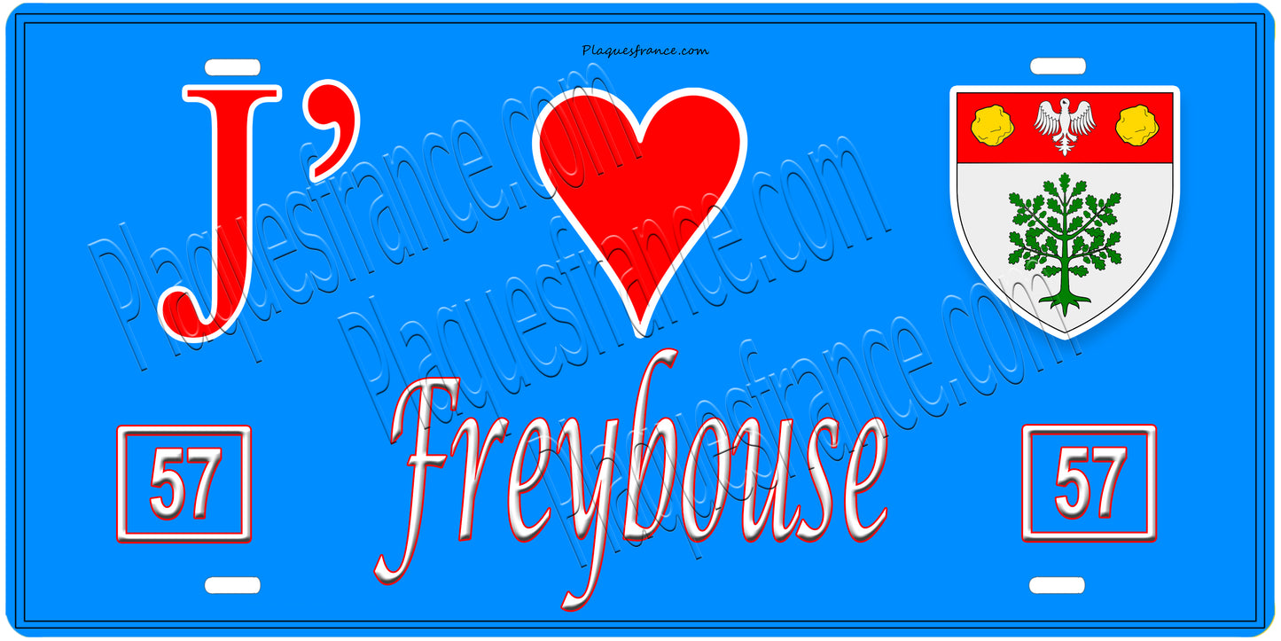 Plaque métal décorative, J'❤️Freybouse, Moselle, fond mur bleu 57