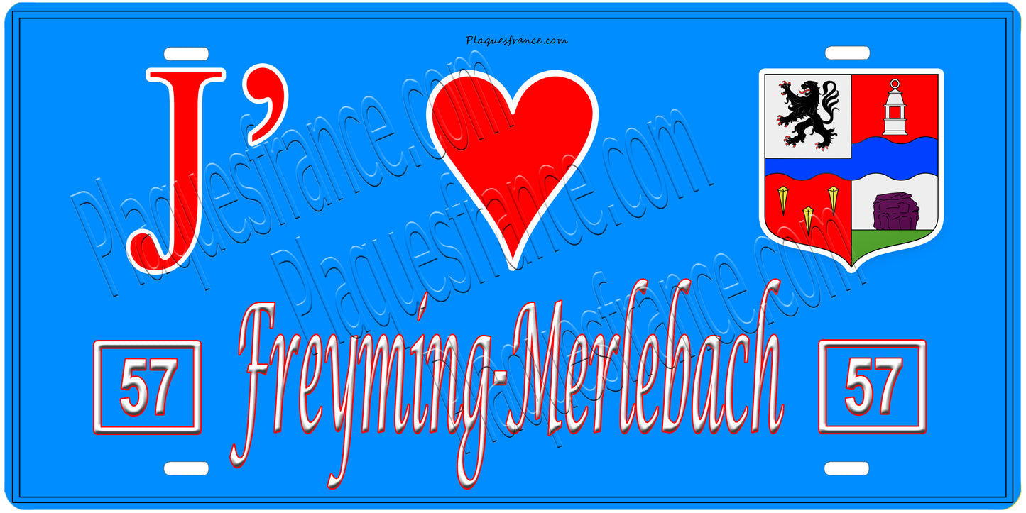 Plaque métal décorative, J'❤️ Freyming-Merlebach, Moselle, fond mur bleu 57