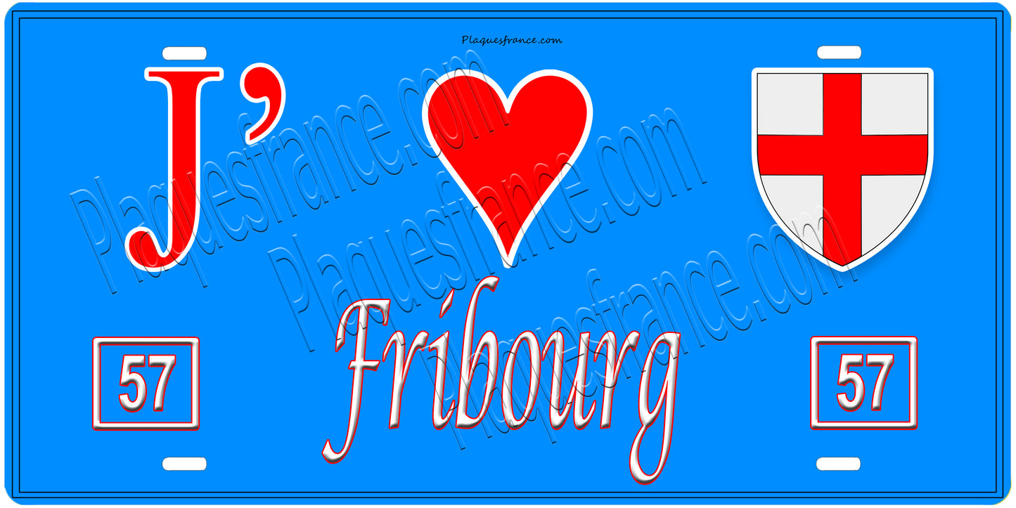 Plaque métal décorative, J'❤️Fribourg , Moselle, fond mur bleu 57