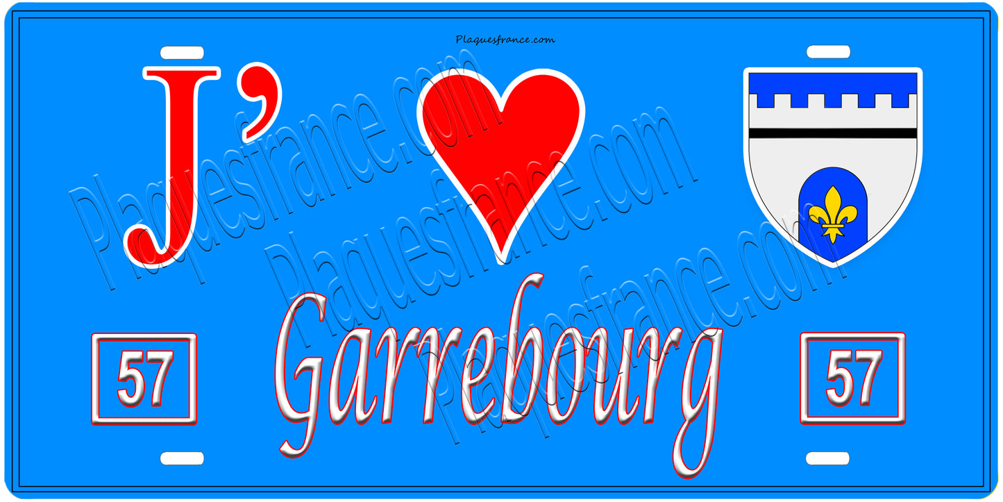 Plaque métal décorative, J'❤️Garrebourg, Moselle, fond mur bleu 57