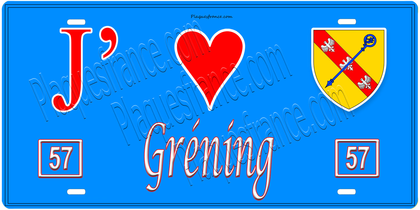 Plaque métal décorative, J'❤️Gréning, Moselle, fond mur bleu 57