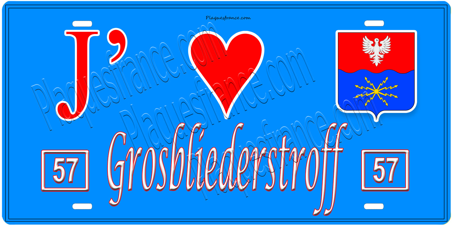 Plaque métal décorative, J'❤️Grosbliederstroff, Moselle, fond mur bleu 57