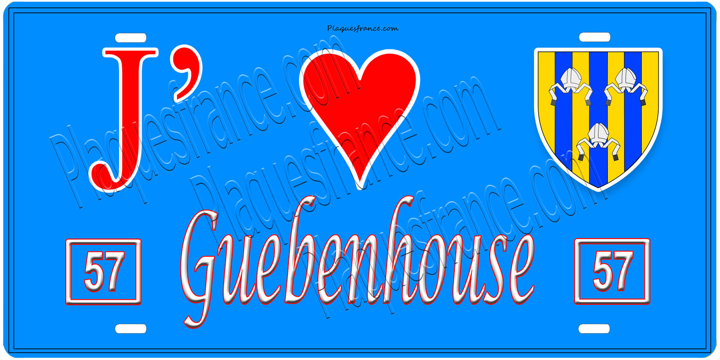 Plaque métal décorative, J'❤️Guebenhouse, Moselle, fond mur bleu 57