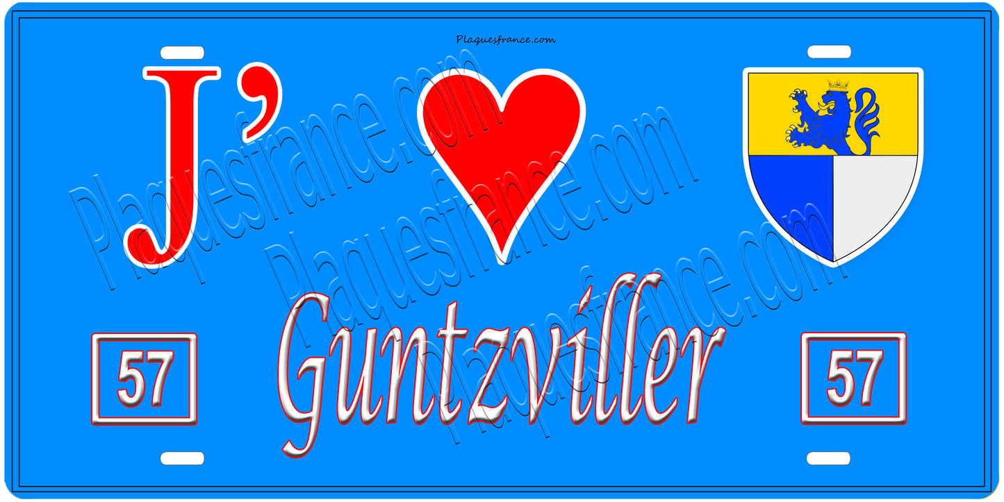 Plaque métal décorative, J'❤️Guntzviller, Moselle, fond mur bleu 57