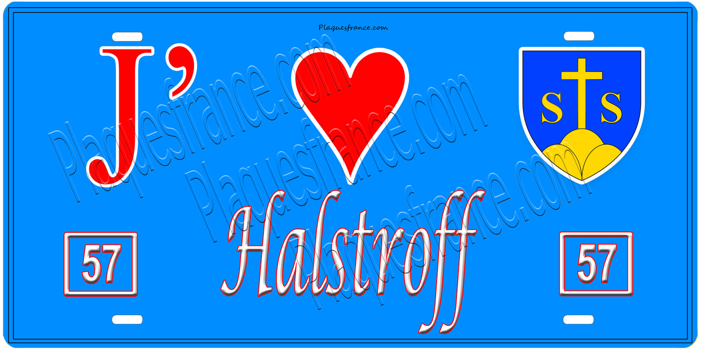Plaque métal décorative, J'❤️ Halstroff, Moselle, fond mur bleu 57