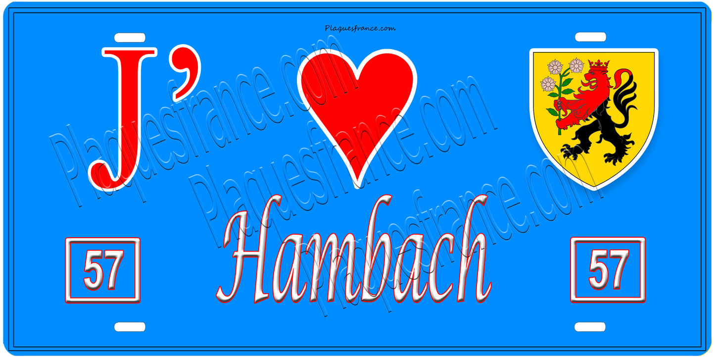 Plaque métal décorative, J'❤️Hambach, Moselle, fond mur bleu 57