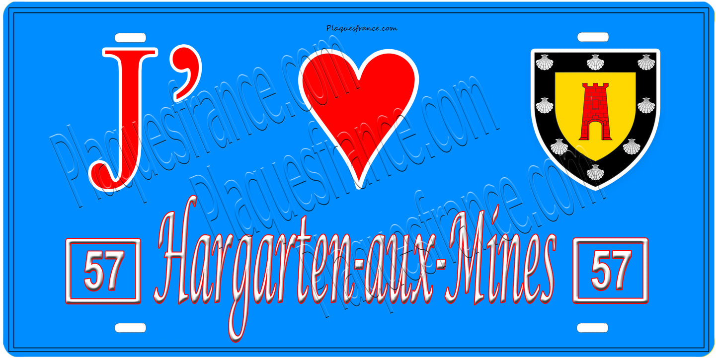 Plaque métal décorative, J'❤️ Hargarten-aux-Mines, Moselle, fond mur bleu 57