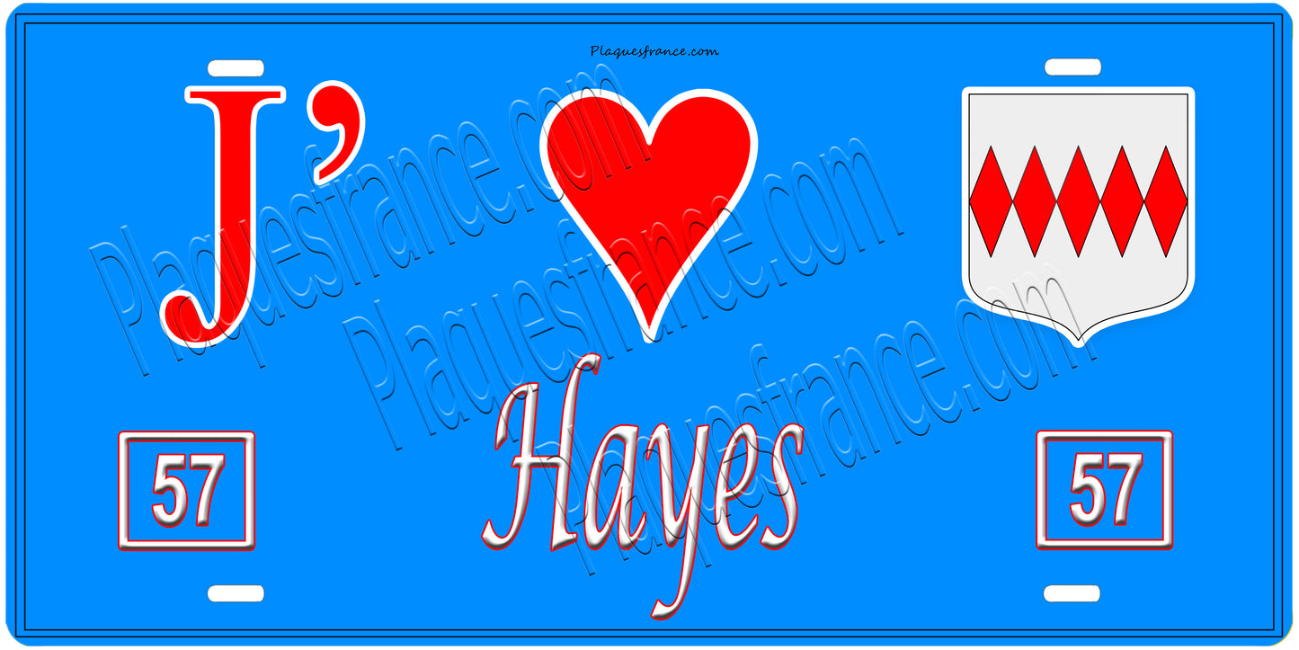 Plaque métal décorative, J'❤️Hayes , Moselle, fond mur bleu 57