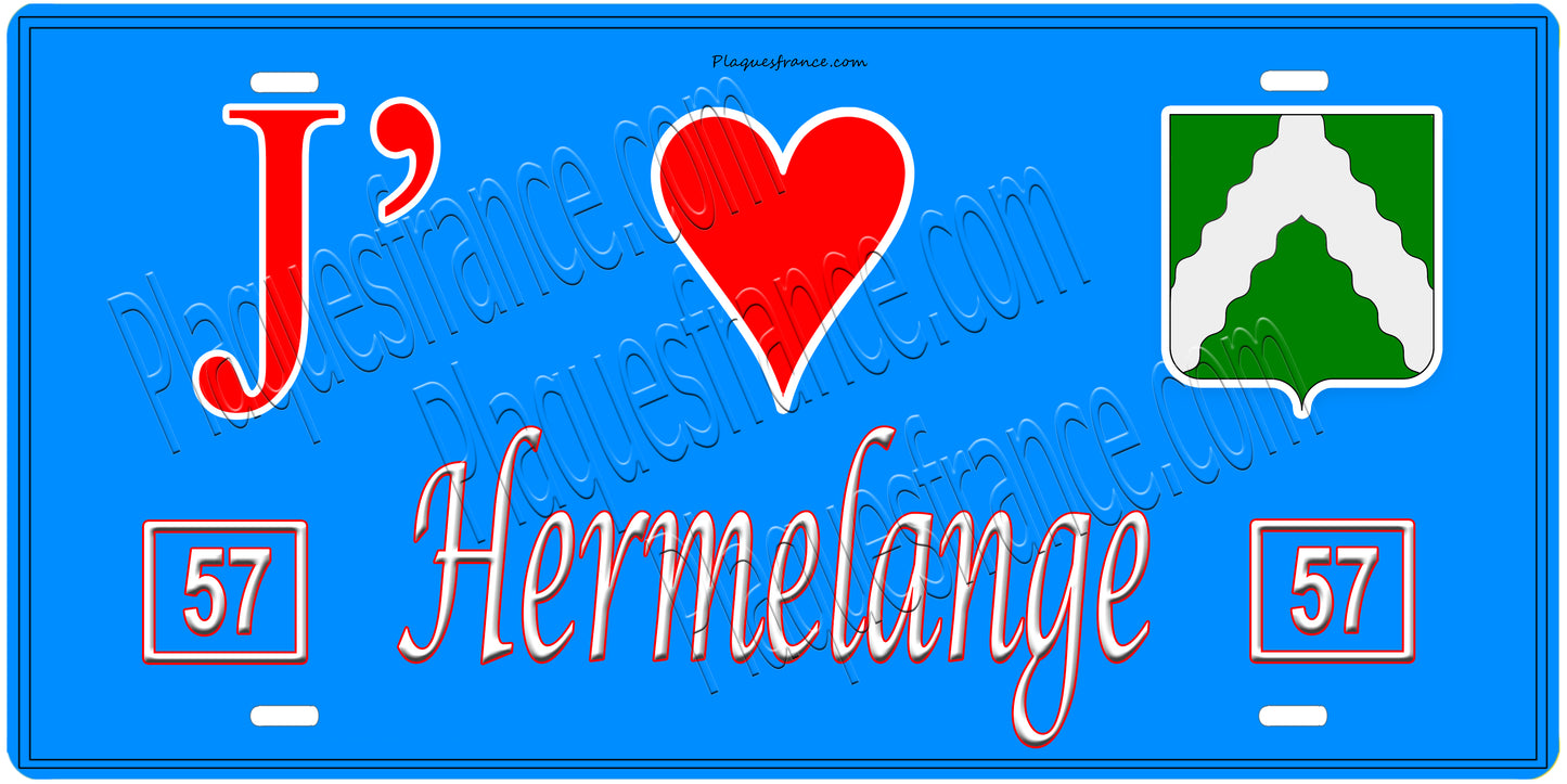 Plaque métal décorative, J'❤️Hermelange, Moselle, fond mur bleu 57