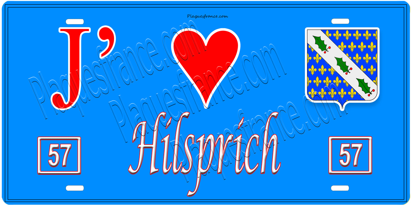 Plaque métal décorative, J'❤️Hilsprich, Moselle, fond mur bleu 57