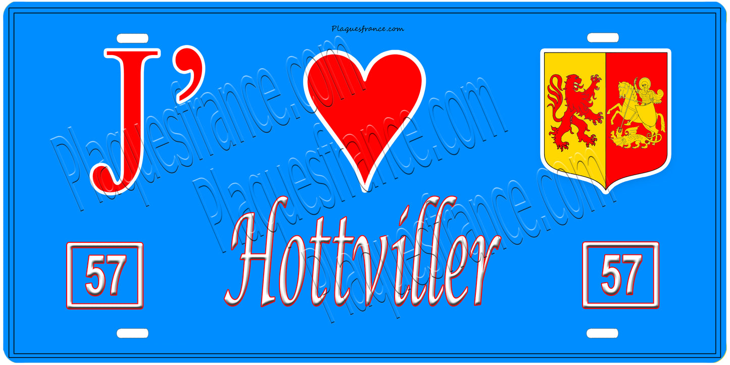 Plaque métal décorative, J'❤️ Hottviller, Moselle, fond mur bleu 57