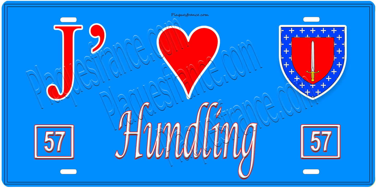 Plaque métal décorative, J'❤️Hundling, Moselle, fond mur bleu 57