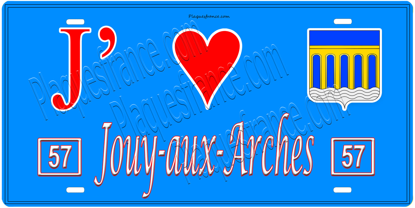 Plaque métal décorative, J'❤️ Jouy-aux-Arches, Moselle, fond mur bleu 57