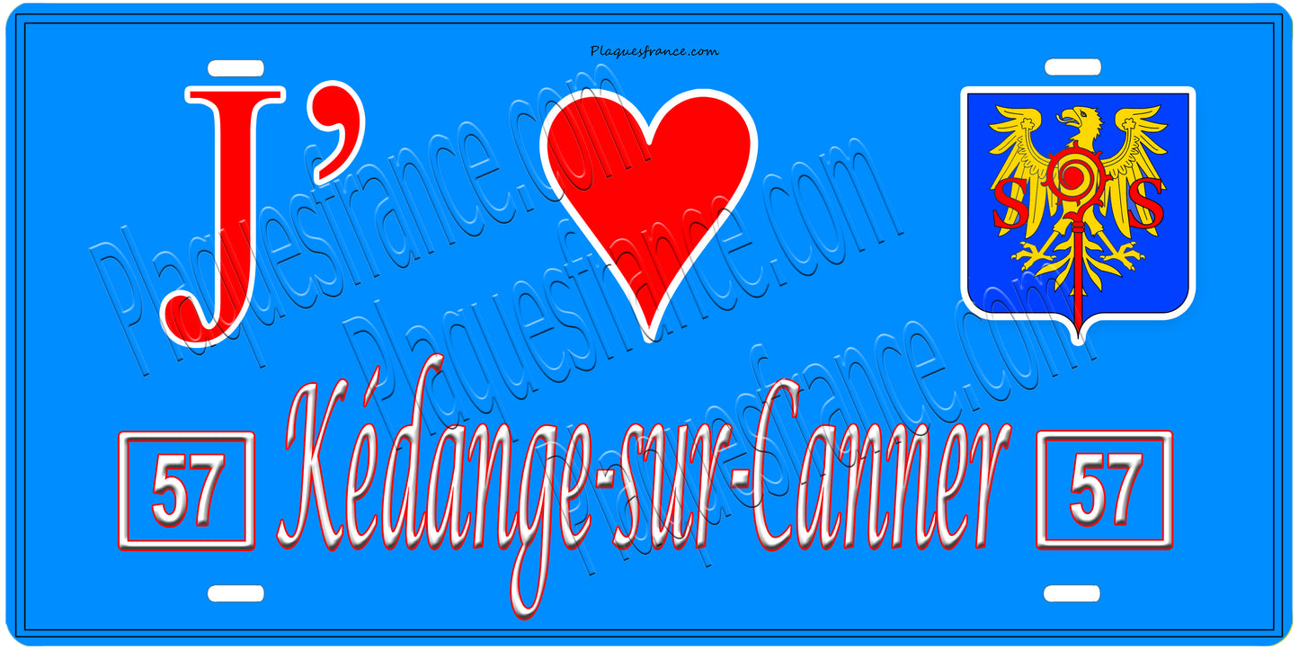 Plaque métal décorative, J'❤️Kédange-sur-Canner, Moselle, fond mur bleu 57