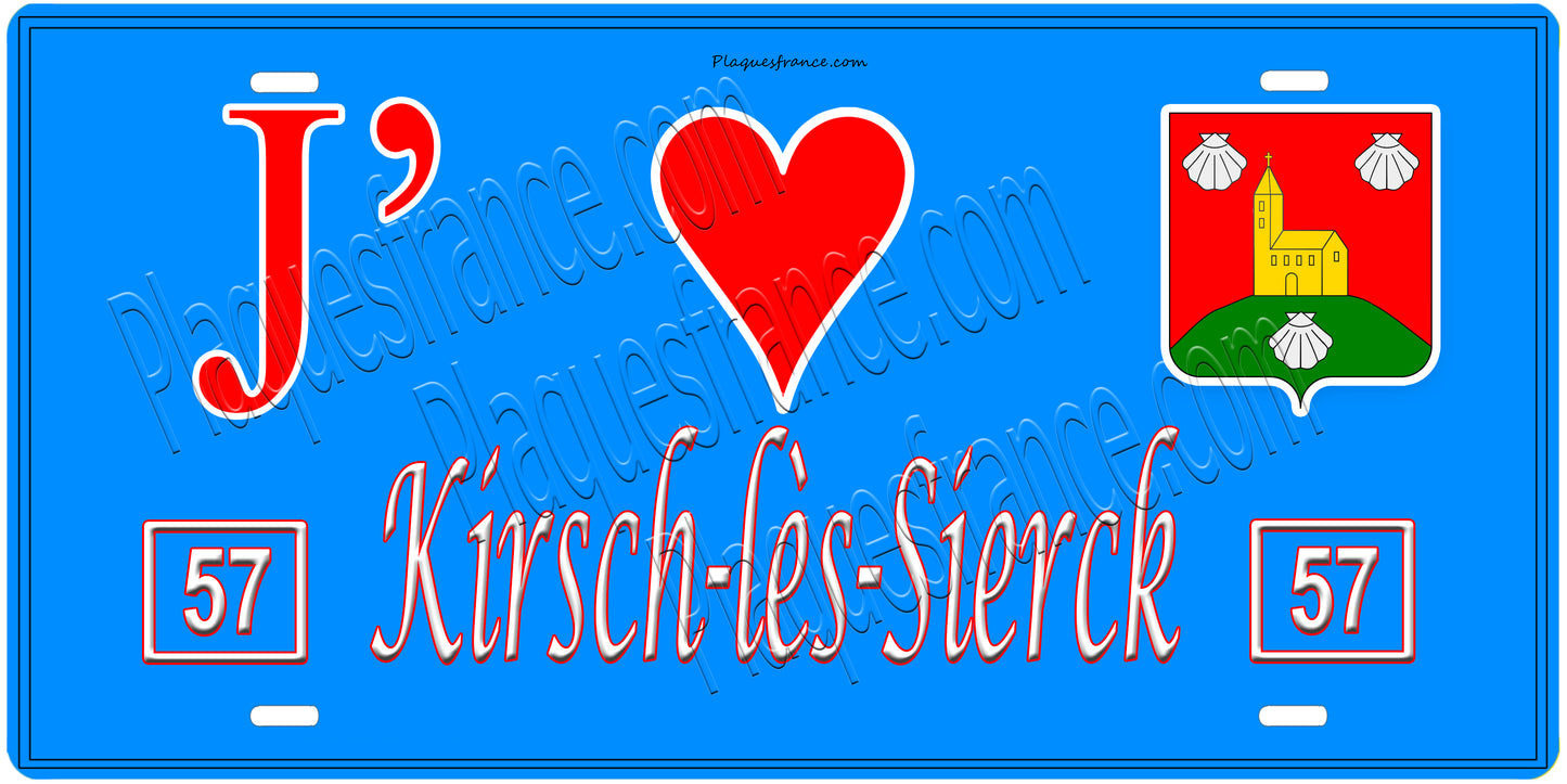 Plaque métal décorative, J'❤️ Kirsch-lès-Sierck, Moselle, fond mur bleu 57