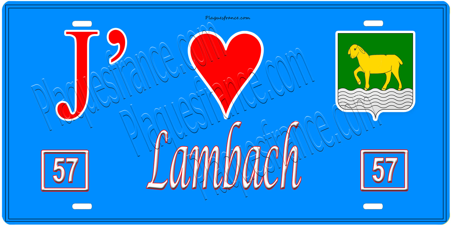 Plaque métal décorative, J'❤️ Lambach, Moselle, fond mur bleu 57