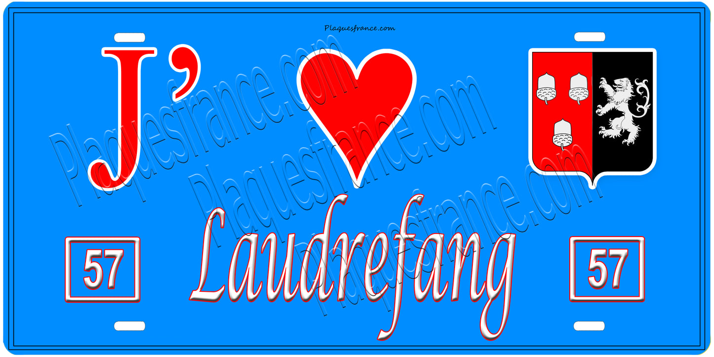 Plaque métal décorative, J'❤️Laudrefang, Moselle, fond mur bleu 57