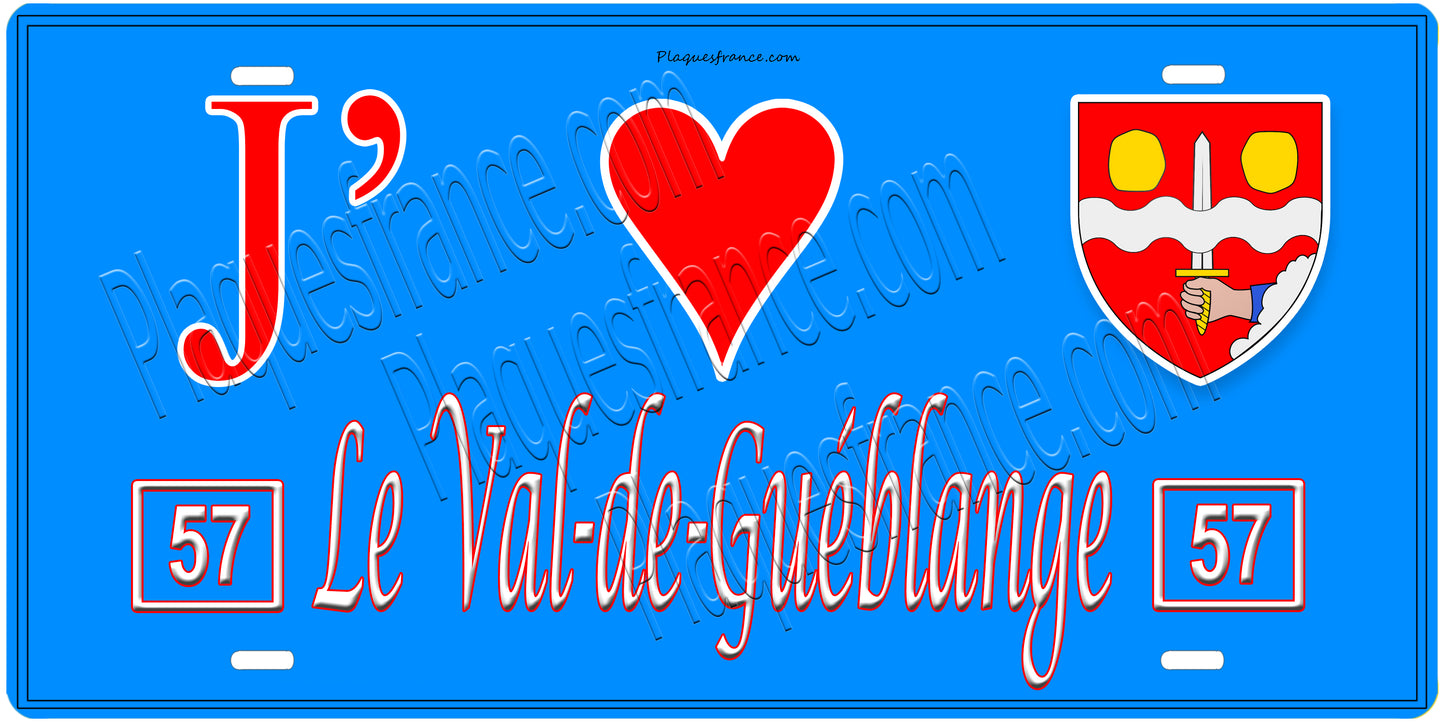 Plaque métal décorative, J'❤️Le Val-de-Guéblange, Moselle, fond mur bleu 57