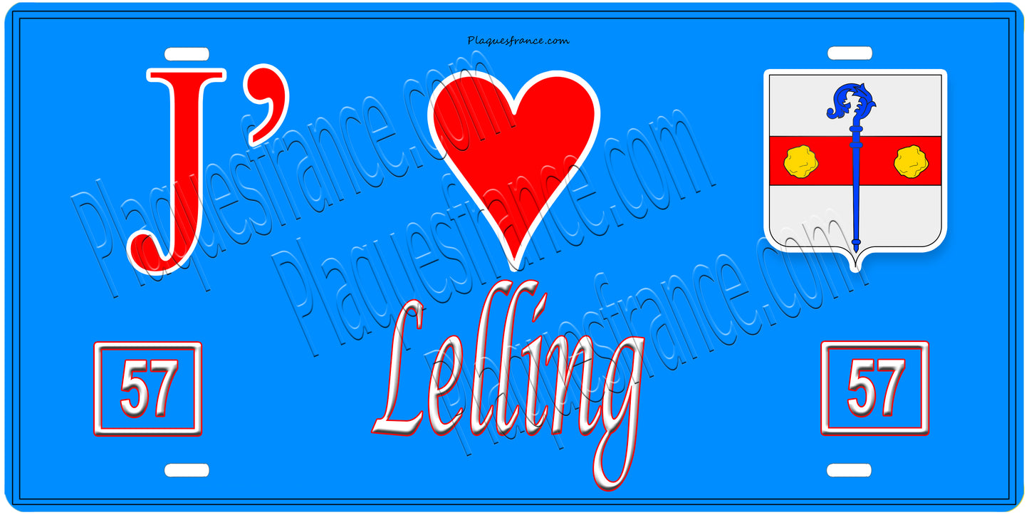 Plaque métal décorative, J'❤️Lelling, Moselle, fond mur bleu 57