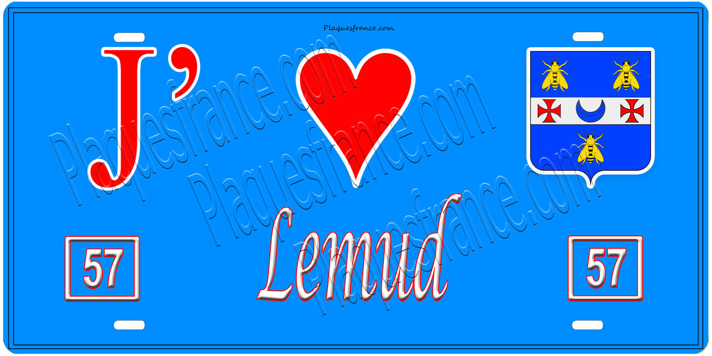 Plaque métal décorative, J'❤️Lemud, Moselle, fond mur bleu 57