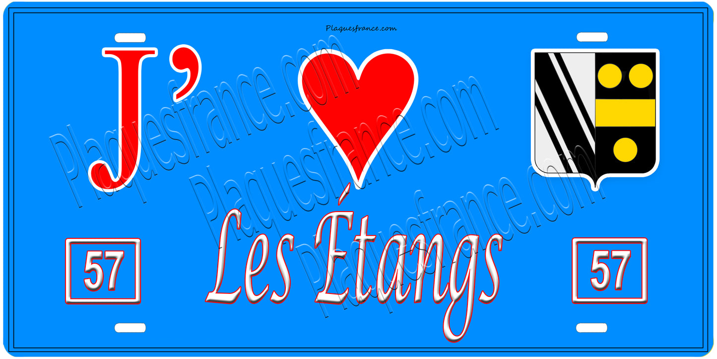 Plaque métal décorative, J'❤️Les Étangs , Moselle, fond mur bleu 57