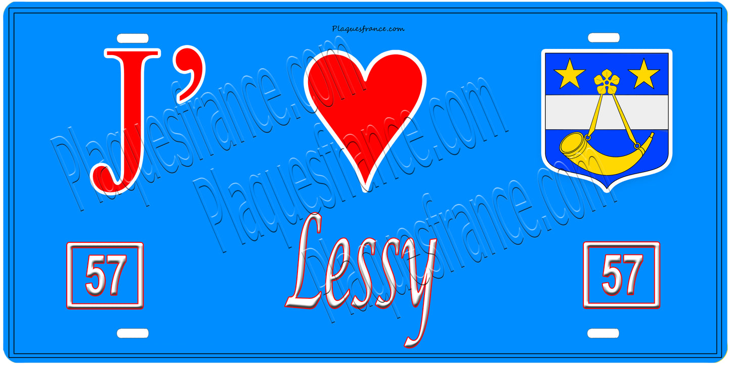 Plaque métal décorative, J'❤️ Lessy, Moselle, fond mur bleu 57