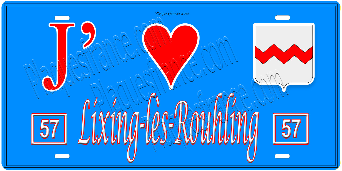 Plaque métal décorative, J'❤️Lixing-lès-Rouhling, Moselle, fond mur bleu 57